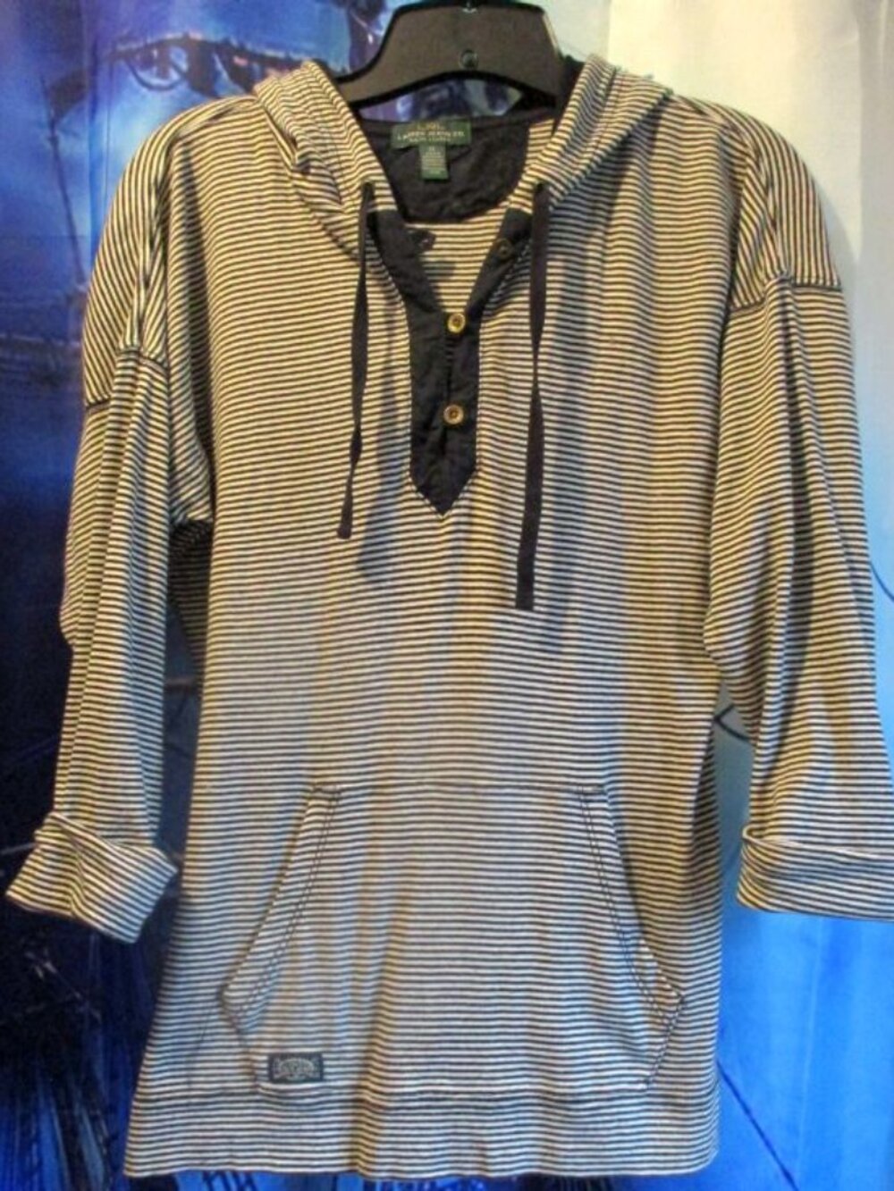 RALPH LAUREN JEANS CO. Pullover Hoodie Nautical Stripe/Brass Buttons Woman M